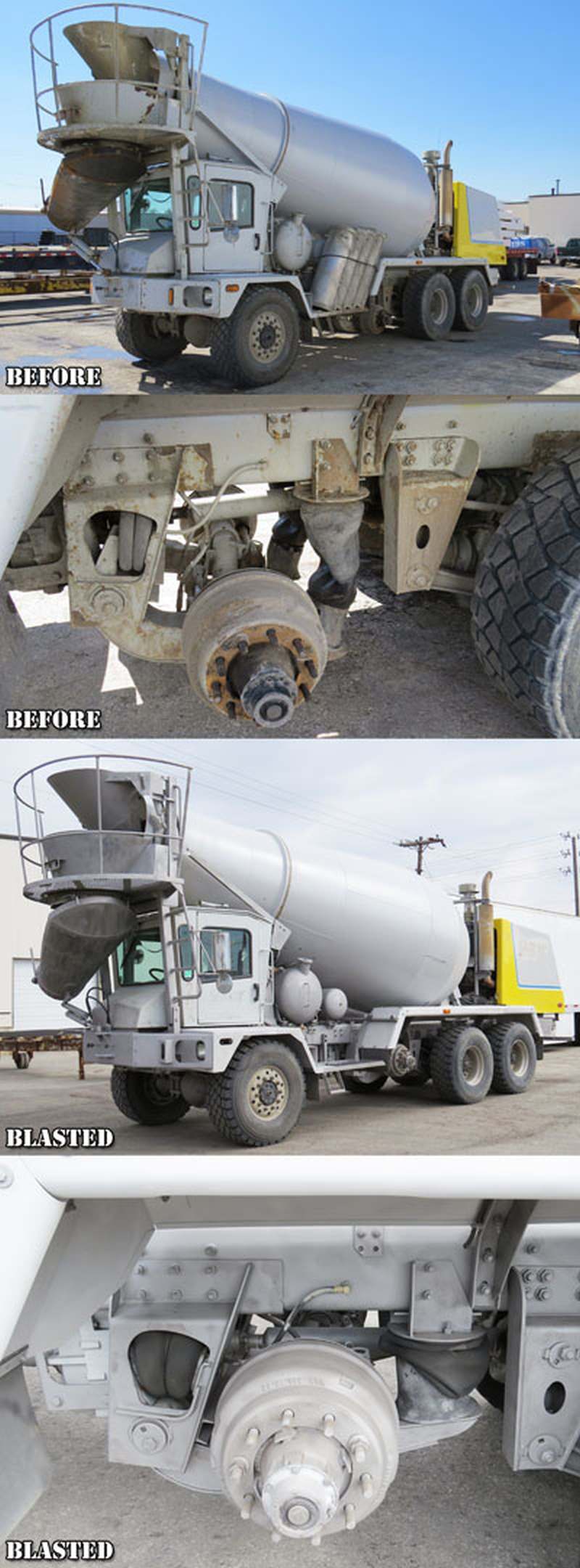 Sand blasting heavy equipment cement truck prior to painting.