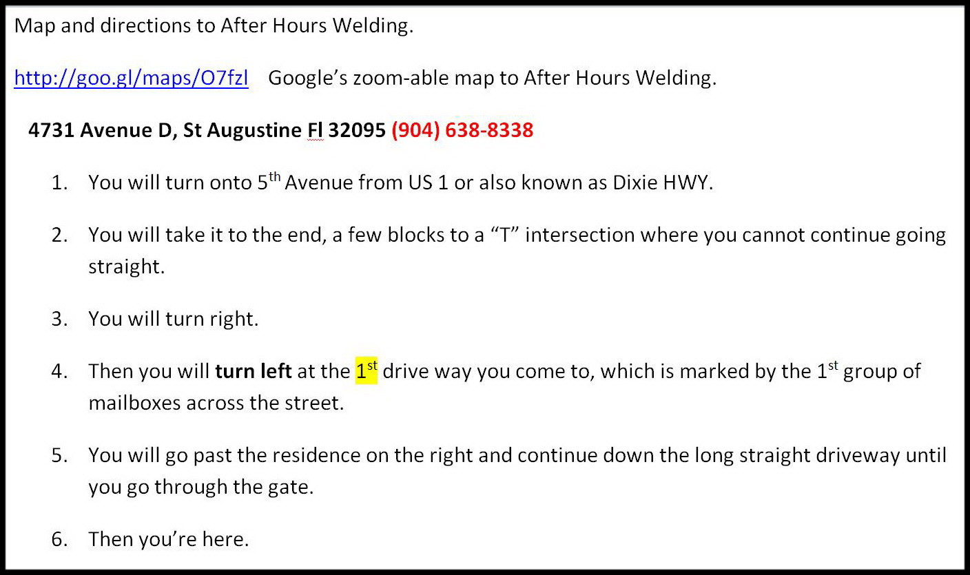 Directions to After Hours Welding & Trailer Repair.